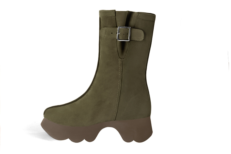 Khaki green women's ankle boots with a zip on the inside. Round toe. Low rubber soles. Profile view - Florence KOOIJMAN